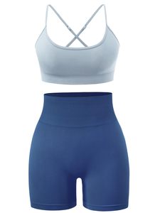 2024 nouveaux ensembles de Yoga pour femmes imprimé soutien-gorge et Shorts de sport 2 pièces côtelé Yoga costume Gym Fitness costume vêtements d'entraînement - Product Image 5