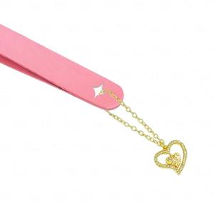 Pince à cils en acier rose en forme de L, pointe dorée rose, charme en forme de cœur, pointe dentelée et lisse, textures antistatiques, outil durable pour les cils volumineux - Product Image 3