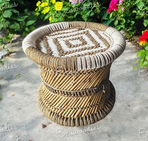 <b>Antique</b> Natural Bamboo Mudda Ottoman Elegant Small Foot Rest <b>Stool</b> Bone Inlay Console Traditional Design Eco-Friendly Bedroom - Product Image 2