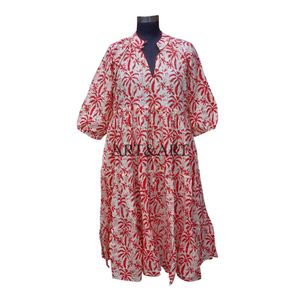 Robe midi de carrière en tricot 100% coton pour femmes, style bohème vintage, imprimé floral, manches longues, col en V, manches bouffantes, silhouette en A - Product Image 2