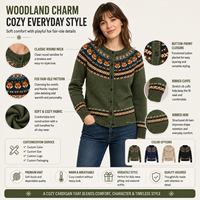 Cardigan en laine tricotée jacquard pour femme 7GG Nordic Fair Isle Meadow Blossom Maple Fox avec motif de jupon et boutons