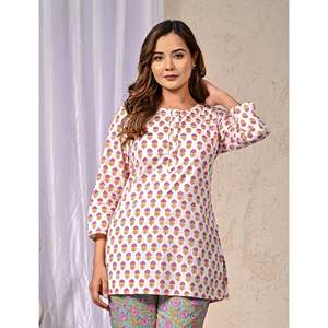 ชุดเซ็ตผ้าฝ้ายสีชมพูประดับกระดุม ไซส์ XS/XS สำหรับใส่ทุกวัน เสื้อแขนสามส่วน ชุดสองชิ้น ลายพิมพ์บุตติ - Product Image 1