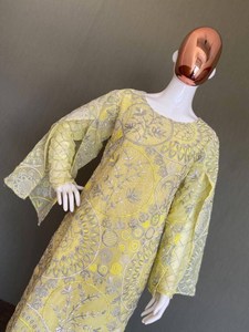 Estilo étnico indio doble manga amarillo Georgette bordado trabajo Kurti con Plazo conjunto para mujer traje tradicional para boda - Product Image 4