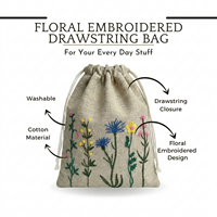 Tas Serut Katun Ramah Lingkungan Bordir Bunga Kuning, Tahan Lama, Dapat Digunakan Kembali, Desain Bordir Stylish, Untuk Menyimpan Barang Kecil, Custom