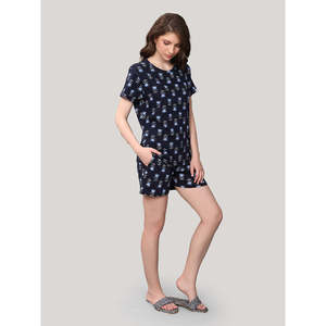 Conjunto de Pijama Corto para Mujer, Color Azul Marino, 100% Algodón Tejido, Tacto Suave, Manga Corta, 2 Piezas - Product Image 4