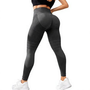 Leggings de yoga taille haute unis respirants, longueur intégrale, avec design froncé aux fesses en dentelle, sans couture, taille élastique, Spandex/Polyester - Product Image 1