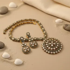 Vintage 925 Silver Plated Kundan <b>Necklace</b> <b>Set</b> with <b>Pearl</b> Crystal Rhinestone Flower Design for Women Wedding Jewelry - Product Image 3