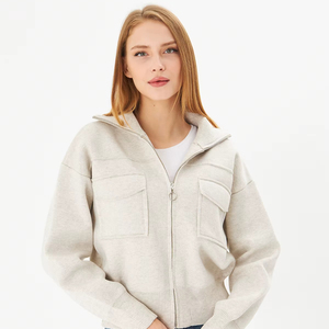 Manteau court décontracté pour femmes tricot à glissière en acier tricot manteau quotidien confortable avec col à capuche haut élégant confort assaisonné - Product Image 1