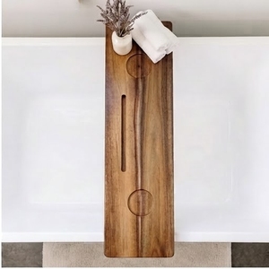 Plateau de bain en bois d'acacia avec porte-verre à vin, design minimaliste pour utilisation dans la baignoire, surface imperméable - Product Image 2