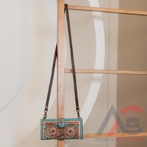 New Western Style Color <b>Tooled</b> <b>Leather</b> Women Clutch Purse Hot Selling Compact Size Turquoise Color <b>Tooled</b> <b>Leather</b> Trendy Clutch - Product Image 4