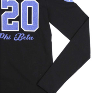 custom Sorority <b>Long</b> Sleeve <b>T</b>-<b>Shirt</b> <b>Black</b> Cotton Tee with Glitter Printed Greek Letters Shield Design and Year Detail on Sleeve - Product Image 4