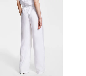 Cómodos pantalones de lino y algodón para mujer, diseño de pierna ancha con cintura elástica y bolsillos de parche, perfectos para vacaciones y verano informales - Product Image 3