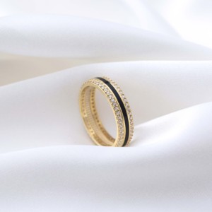 Anillo de Boda con Circonitas y Baño de Rodio sobre Esmalte Negro, Joyería Turca Hecha a Mano, Plata de Ley 925, Venta al Por Mayor - Product Image 6