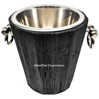 Rustique Noir Bois & Acier Inoxydable Robuste Glaçons Baignoire Boissons Champagne Bière Seau À Glace Dîner Barware En Gros
