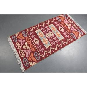 Alfombra Vintage de 2.6x5 pies, Alfombra Turca, Alfombra de Lana a Cuadros Rojos - Product Image 1