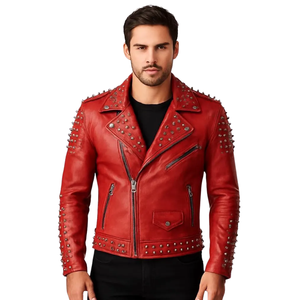 Heavy Metal <b>Punk</b> Biker Style Genuine Sheep Skin Leather <b>Jacket</b> for Men Red with Studded Design Rock Fashion for Spring Season - Product Image 1