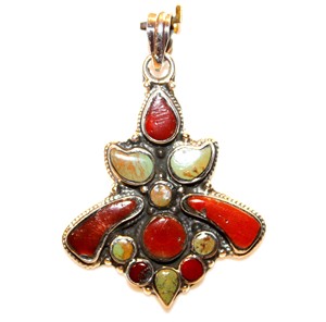 Auténtico nepalí 925 colgante de plata esterlina hecho a mano Multi-piedra preciosa turquesa Coral Popular forma de gota Ajuste de bisel - Product Image 3