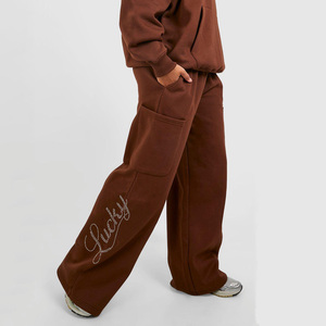100% pantalones largos de pierna ancha de algodón para mujer 420 Gsm ropa informal personalizada pantalones de chándal con diamantes de imitación para mujer chándal polar ropa de invierno - Product Image 2