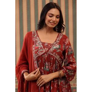 Conjunto de Kurta de Muselina Floral Color Marrón Nayab Noor con Dupatta - Product Image 1