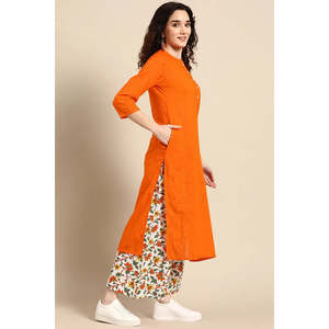 ชุดคุรตะผ้าฝ้ายทรงตรงสีส้มสำหรับผู้หญิง แขนสามส่วน สำหรับฤดูใบไม้ผลิ/ฤดูร้อน - Product Image 3