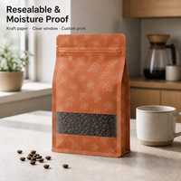 Sachets en papier kraft personnalisés imprimés, à fond plat, scellés sur 8 côtés avec fenêtre et fermeture éclair refermable pour café, noix, fruits secs, aliments pour animaux de compagnie