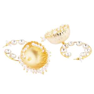 Boucles d'oreilles indiennes en cristal Bijoux plaqué or Bridal Half Hoop Jhumka Drop Boucles d'oreilles pour femmes, blanc - Product Image 5