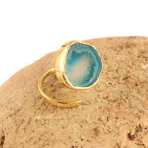 Bague de déclaration en pierre précieuse druzy, mode élégante, naturelle, bleu ciel, plaqué or, ouvert, réglable, bijoux pour femme - Product Image 3