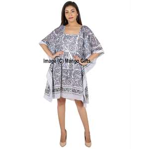 Vestido Kaftán 100% Algodón para Mujer, Talla Única, Kimono de Noche, Túnica con Estampado a Mano, Traje de Baño - Product Image 1