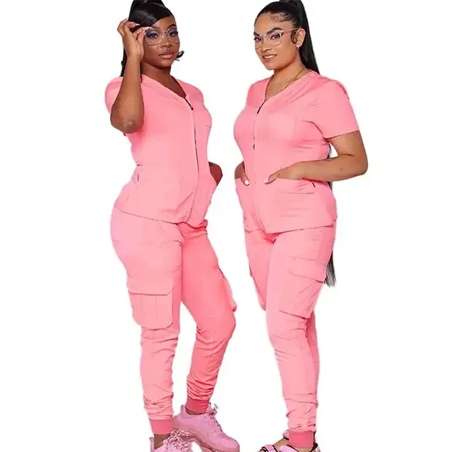 Uniforme de belleza Jogger trajes conjunto de 2 piezas uniforme de trabajo personalizado ropa de mujer al por mayor con cuello en V uniformes de hospital