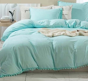 Juego de cama bohemio azul turquesa de 3 piezas, funda nórdica de algodón 100% con pompón de borla, estilo moderno 300TC para bodas y hoteles - Product Image 1