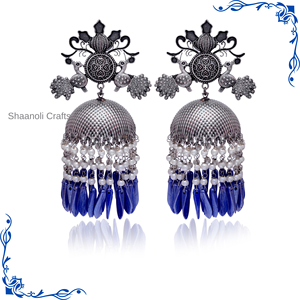 Indian Boho Style <b>Silver</b> Oxidized <b>Jhumka</b> Chandelier Earrings with Diamond Pearl Wedding Evening Party Gift for Her Made of Brass - Product Image 2
