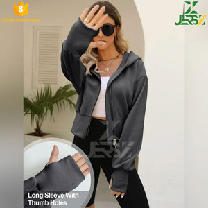 <b>Women's</b> Woven Zip Front Logo Hooded Thumb Holes Long Sleeve Cropped Athletic Formal Fitness Tops Winter Workout Breathable Lined - Product Image 2
