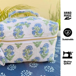 Bolso de tocador de algodón con estampado de bloque de mano, diseño acolchado con cremallera, almacenamiento espacioso portátil reutilizable para cosméticos, viajes, uso diario - Product Image 6