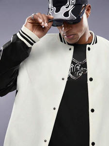 <b>Y2K</b> College Baseball Jacket for Men Wool Blend Body PU Leather Sleeves Modern Urban <b>Streetwear</b> Snap Button Varsity Outerwear - Product Image 5