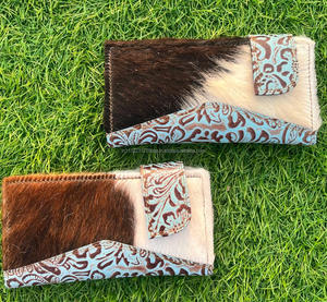 ใหม่จริง Cowhide ขนสัตว์หนังแกะสลักผู้หญิงกระเป๋าสตางค์สไตล์เคสโทรศัพท์ร้อนขายตะวันตก Turquoise ลายนูนหนังคลัทช์ - Product Image 3