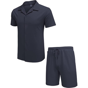 Conjuntos de pantalones cortos para hombre, venta al por mayor de verano con logotipo personalizado 100% algodón, conjuntos de 2 piezas, conjunto de camisa y pantalones cortos - Product Image 4