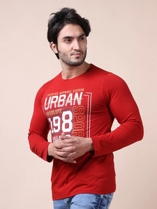 Elegante camiseta roja estampada para hombre Cómoda 100% algodón Manga completa Cuello redondo-Ropa casual de moda y versátil - Product Image 5