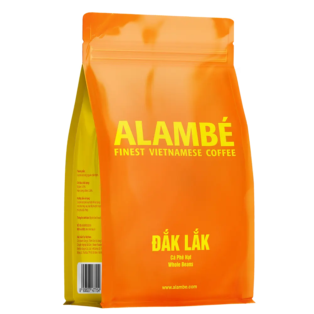 กาแฟคั่วกลาง Alambe Dak Lak 100% ถั่วโรบัสต้าคั่วรสชาติเป็นกลางกาแฟบดบรรจุในกล่องซิปที่สะดวก