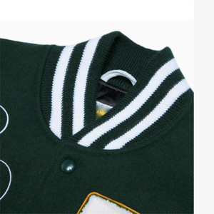 Veste Varsity Homme Vert Foncé Corps Manches Blanches Chenille Patch Brodé Letterman Baseball Jacket Striped Rib Knit - Product Image 2