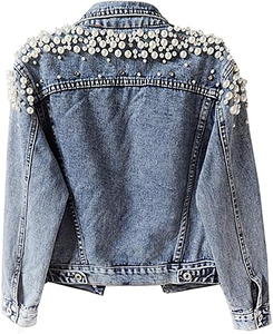 Veste en jean pour femme, courte, en denim, avec rivets brodés et perles - Product Image 4