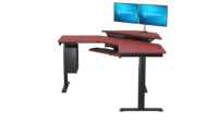 Bureau d'angle électrique convertible moderne VersaDesk, finition cerisier, revêtement poudré, hauteur réglable, bois/métal, pour bureau/salon