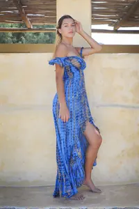 <b>Summer</b> Designer Rayon Tie-Dye Women's Wear Off the Shoulder, High Leg <b>Dress</b> for Party, <b>Summer</b> Occasion Wear High Low <b>Dress</b> - Product Image 3