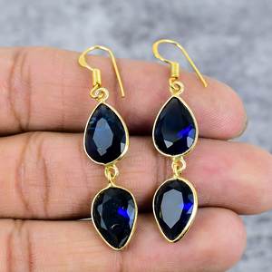 Boucles d'oreilles en argent sterling 925 plaqué or faites à la main, saphir bleu poire, pierres précieuses, design tendance, cadeau de mariage pour femmes - Product Image 2