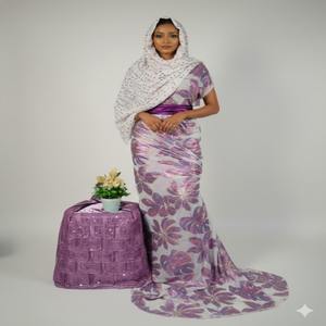 Nouveauté : Tissu en mousseline de soie 100% jacquard Fransawi Dirac, style traditionnel somalien moderne, motif feuillage scintillant lilas, blanc - Product Image 1