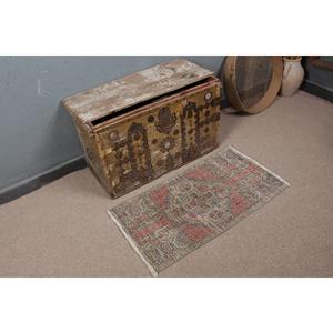 1.7x3 ft Vintage Rug, <b>Red</b> Check Turkish <b>Wool</b> Rug - Product Image 1