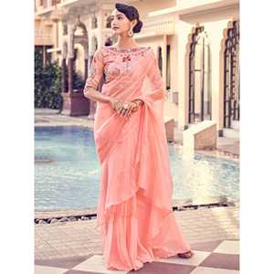 Sari de soirée en organza avec travail de fil de pêche attrayant, avec chemisier pour porter en boîte de nuit - Product Image 3