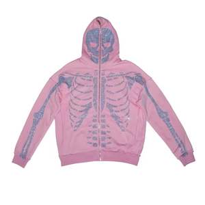 Sudadera con capucha y cremallera de diamantes de imitación de cara completa de peso pesado de alta calidad Logotipo personalizado 100% algodón de gran tamaño con cremallera negra - Product Image 5