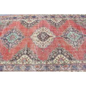 4.8x12.4 ft Turkish Vintage <b>Runner</b> Rug Eco-Friendly Patchwork Design <b>Red</b> Blue Bordered Wool Rug with Latex Backing - Product Image 5