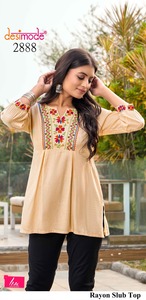 New Available M-XXL Size Embroidered Short <b>Top</b> Women <b>Indian</b> Style Traditional Solid Tunic Rayon Kurti Casual Party Wear All - Product Image 4