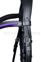 Bridon en cuir noir avec frontale et muserolle rembourrées à paillettes violettes